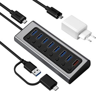 BENFEI Hub USB 3.0 à 7 Ports avec Port de Charge BC 1.2, Chargeur Ultra Rapide GaN 45W Double USB 1 Type A et Type C