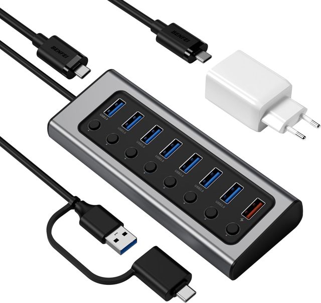 BENFEI Hub USB 3.0 à 7 Ports avec Port de Charge BC 1.2, Chargeur Ultra Rapide GaN 45W Double USB 1 Type A et Type C