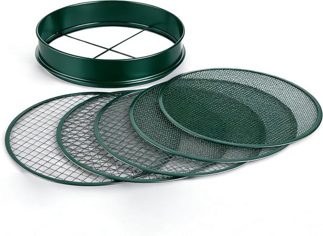Relaxdays Tamis de Jardin 5-en-1, Rond Ø30 cm, Inserts interchangeables, pour Terre, Gravier et Sable, INOX, Argent