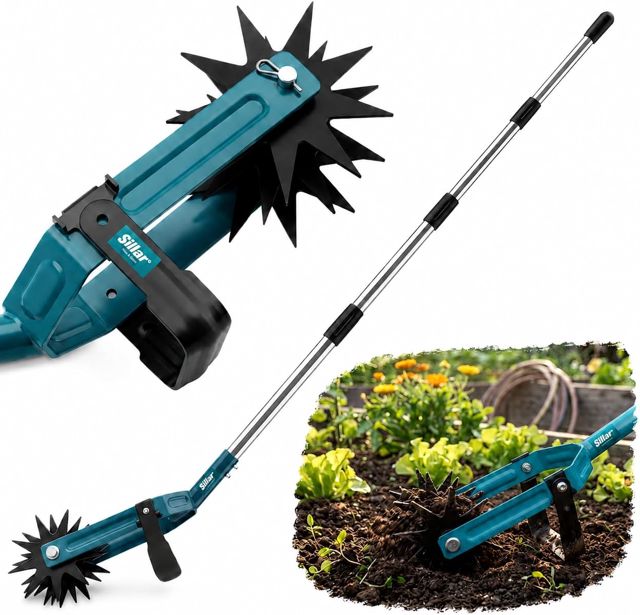 Sillar Cultivateur 2 en 1 Manuel, Griffe rotative avec désherbeur, aérateur et ameublisseur de Terre en Acier Inoxydable et Acier manganèse pour Gazon, Jardin, Potager, 182 cm