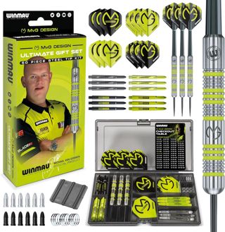 WINMAU Michael van Gerwen MvG Coffret cadeau de 50 fléchettes avec 4 jeux de tiges, 4 jeux d'ailettes et accessoires