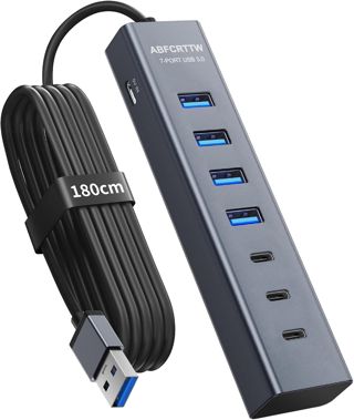 7 Port Hub USB 3.0, Aluminium Hub avec 120cm Câble pour PC Bureau, USB Adaptateur Multiport avec 4 USB-A & 3 USB-C, 5V 3A Type-C pour PC, Laptop, MacBook, MacBook, Souris, Clavier, Disque U etc