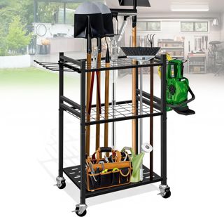 Range Outils de Jardin, Chariot de Jardin en Acier au Carbone avec Roue Universelle Support Range Outils de Jardin avec 6 Crochets Latéraux Longs et 3 Crochets de Rangement pour Garages et Jardins