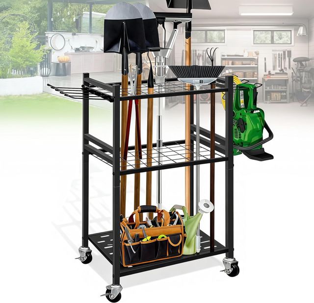 Range Outils de Jardin, Chariot de Jardin en Acier au Carbone avec Roue Universelle Support Range Outils de Jardin avec 6 Crochets Latéraux Longs et 3 Crochets de Rangement pour Garages et Jardins