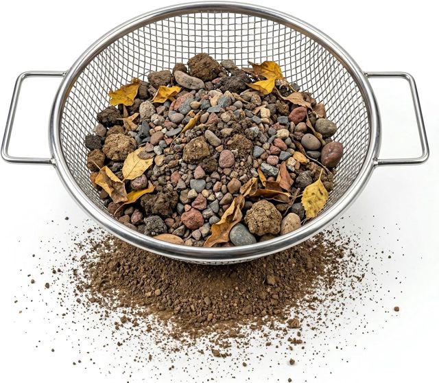 Tamis de jardin – 3,5 cm double poignées pour grandes mains, 30 cm de diamètre pour seau de 18 L, filet en acier galvanisé de 1 mm, maille de 6 mm, tamis à compost pour jardin et plantes en