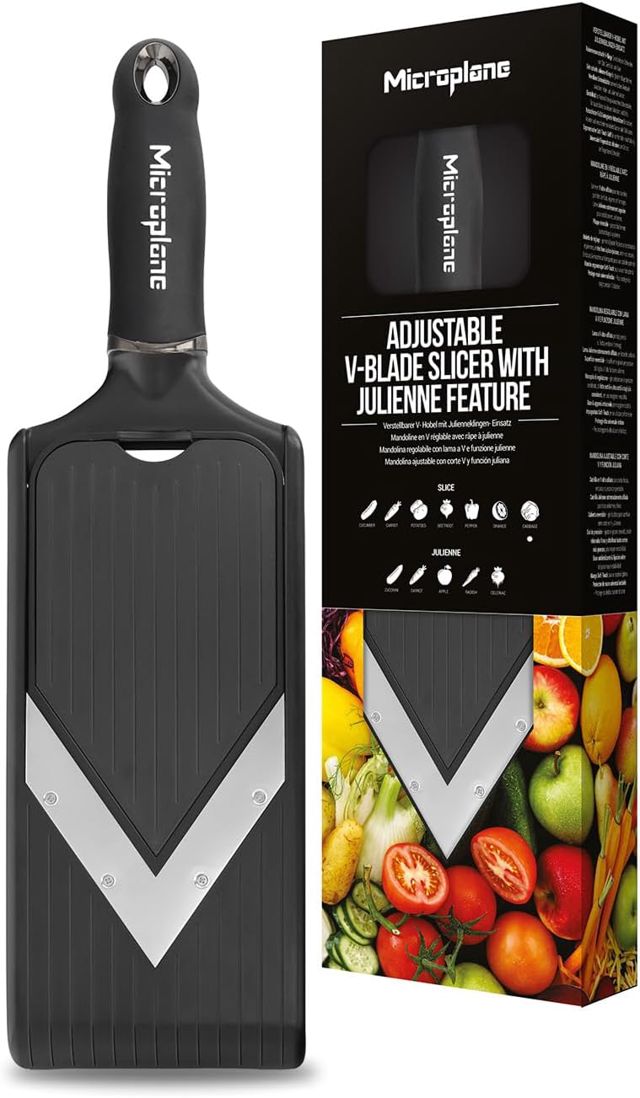 Microplane Mandoline de cuisine réglable en V avec fonction julienne, lame en acier inoxydable, protège-doigts inclus, noire