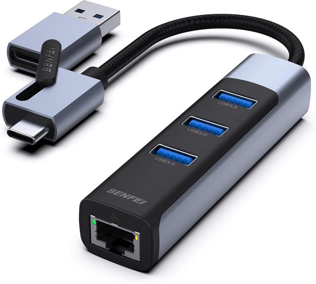 BENFEI Adaptateur USB-C USB 3.0 vers Gigabit Ethernet, Hub USB 3.0 à 3 Ports avec RJ45 Compatible avec MacBook Pro/Air 2023, iPad Pro, iMac, S23, XPS 17, Surface Book 3, etc.