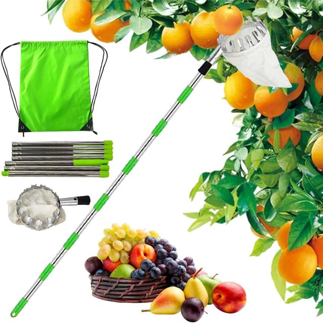 Cueille Fruit Con Perche,Cueilleur de Fruits Amovible,2.8m Ramasse Fruit de INOX,Cueille Cerise,Cueille Pomme,Cueille Fruit,Outil Cueillette Jardin Arbre Poires Pêches Ø 160mm