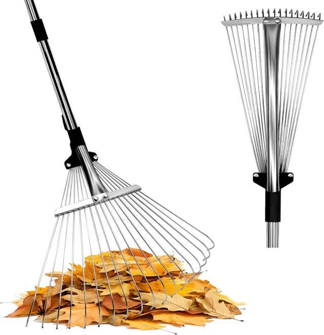 Râteau à feuilles avec manche 175 cm – Balai à feuilles 18 dents avec tête réglable (20-45 cm) – Idéal pour les grandes surfaces et nettoyage plus fin sous les haies – Léger et robuste pour adultes et