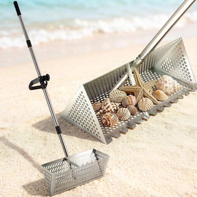 Râteau à sable de plage - Pelle à sable et tamis en acier inoxydable - Extra large - 40 cm de large avec dents de requin et manche amovible de 140 cm de long - Outil de chasse au trésor sur la plage