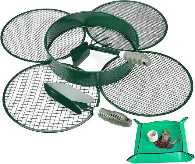 johgee Tamis de Jardin 4 en 1, 4 Inserts interchangeables Ø 12mm/9mm/6mm/3mm, Tamis à Compost en Acier Inoxydable pour la Terre, Le Compost, avec Pelle et Houe à Double Usage