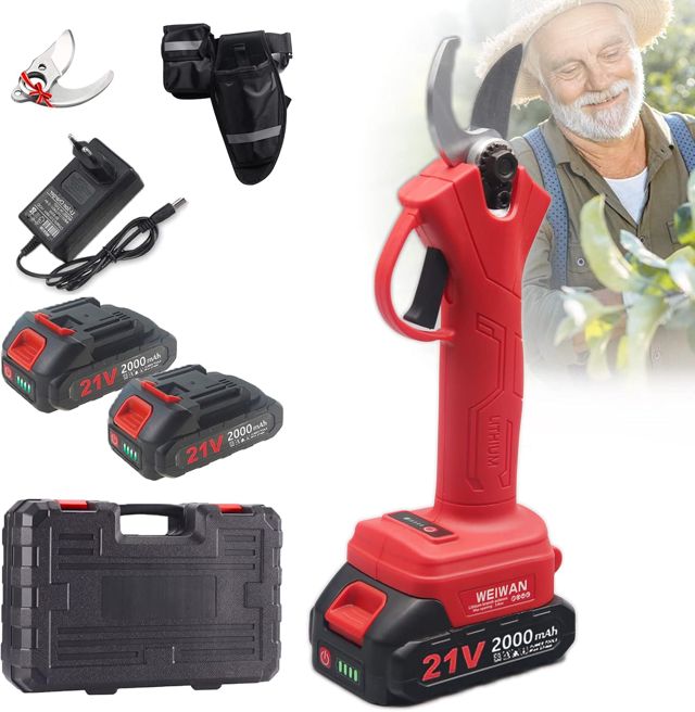 Sécateur électrique sans Fil Professionnel Léger Ergonomique 1kg, Portable Secateur Electrique avec Batterie 21V, 2 batteries x 2Ah, diamètre de Coupe 30mm, secateur de jardin electrique