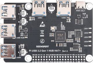 Pi 3.2 Gen1 HUB Hat+ for Raspberry Pi, 4-Port High-Speed Expansion Board with Type-C Power Input, Onboard EEPROM, Plug & Play Interface Compatible with USB 2.0/1.1 Devices