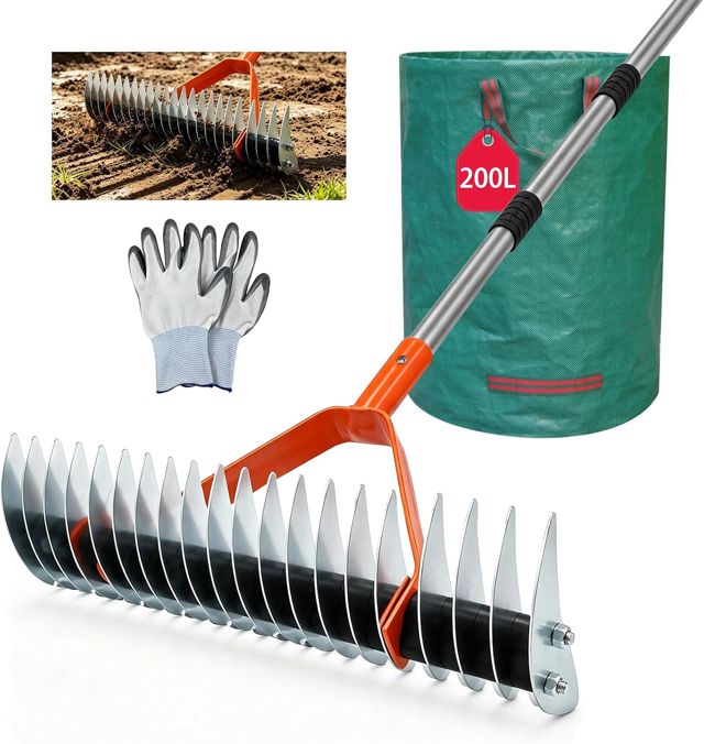 Râteau Démousseur de Gazon Double Face Orange 170cm | Scarificateur Manuel Sac de Ramassage 200 L et Gants de Jardin | Acier Inoxydable pour Enlever Chaume, Mousse et Mauvaises Herbes