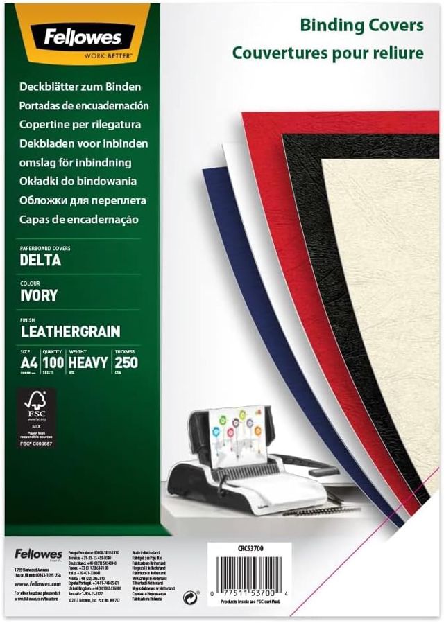 Fellowes Couverture Pour Reliure A4 Grain Cuir 250 g/m² FSC 100% Recyclable Pack De 100