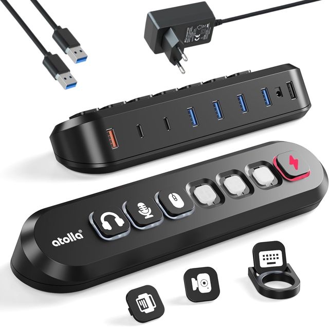 atolla Hub USB avec bloc d'alimentation 36 W, 7 ports USB 3.0 Hub actif avec répartiteur USB-A/USB-C 5 Gbit/s + 1 port de charge rapide, interrupteur marche/arrêt individuel, adaptateur d'alimentation