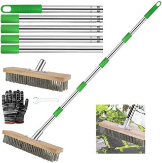 Balai Brosse Metallique avec Manche 190cm, Balai Métallique 30 cm, Brosse à Poils Métalliques Rigides pour Enlever Les Algues De Mousse De Mauvaises Herbes Terrasse