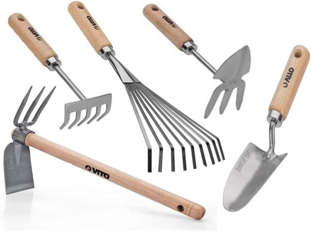 VITO - Kit 5 Outils de Jardin Manche Bois INOX et Fer forgés à la Main Haute qualité