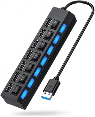Hub 7 en 1 Multiprise avec USB 3.0 Et 2.0, Multiprise Port USB avec Interrupteurs Indépendants et LED, Extension Multiport pour PC et Ordinateur Portable, Transfert de Données 5Gbps, Câble 1M