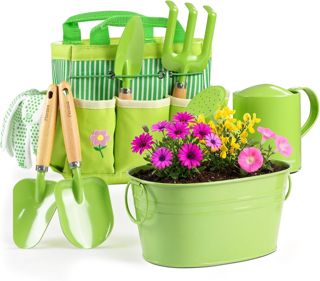 Ensemble de jardinage 8 pièces pour enfants avec panier en métal et outils en métal véritable, kit d'extérieur STEM, poignées ergonomiques en bois, 3 pelles, râteau, arrosoir, gants, sac fourre-tout