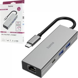 Hama Hub USB-C, multiport, 4 Ports, 2 USB-A, USB-C, LAN/Ether., Garantie 10 Ans, Gris