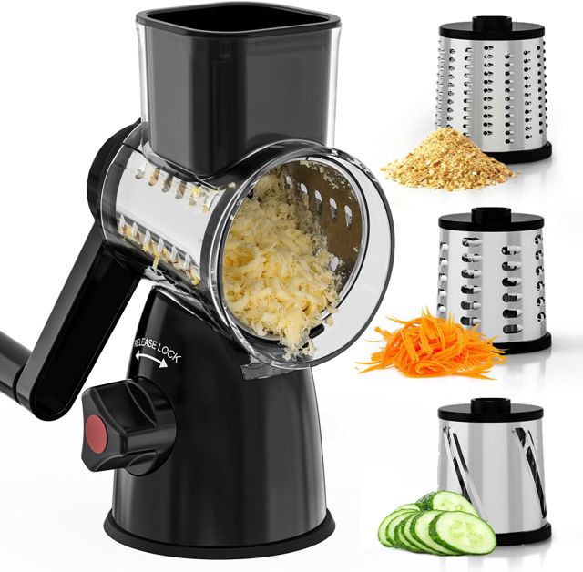 Râpe à Fromage Rotative, Mandoline Cuisine Professionnelle, Coupe Legumes Multifonctions avec 3 Lames de Tambour, Rapeuse Legume pour Fromage, Carottes, Concombre, Pommes de Terre