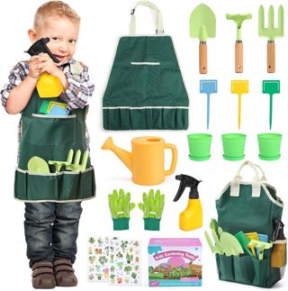 CUTE STONE Ensemble d'outils de jardinage pour enfants, kit d'outils jardin avec pelle, tablier avec poches, sac fourre-tout jardin, arrosoir, autocollants de bricolage, cadeau pour garçons et filles