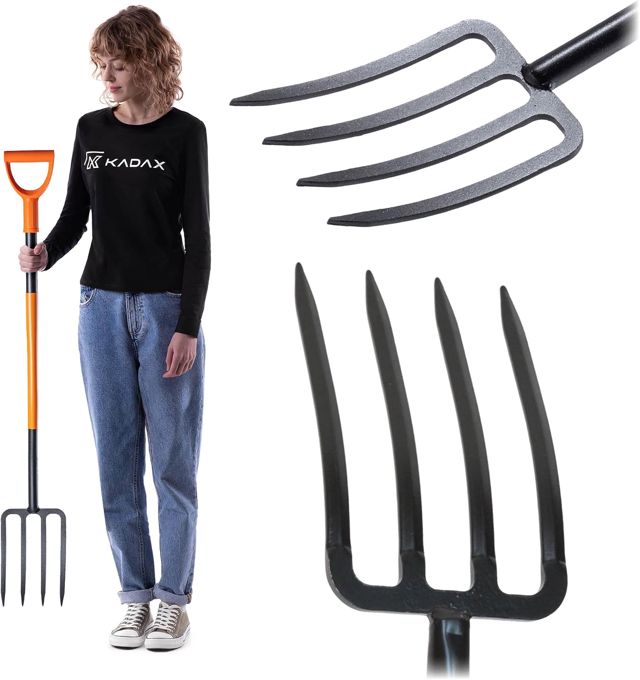 KADAX Fourche à Bêcher d'une Tête en Acier Trempé au Carbone, Outil de Jardin avec Manche Long et Poignée en Forme D, Fourche de Jardinage (4 Dents)