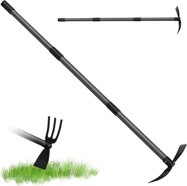 Binette de jardin avec manche - 116 cm - Double binette à 3 dents - En métal - Multifonction - Accessoire de jardin pour ameublir, aérer et désherber le sol