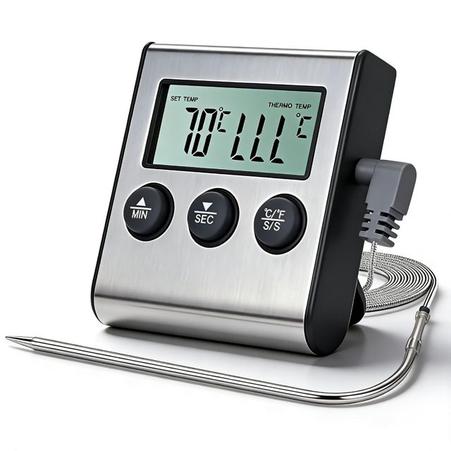 Thermomètre Cuisine Minuteur, 0 à 250°C Numérique Thermomètre à Viande Vec Sonde Temperature, Minuterie, Alarme, Câble De 100cm, Grand éCran Lcd ThermomèTres Alimentaire Pour Griller Barbecue Four