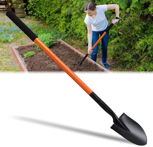 Petite pelle de jardin pointue en acier, manche 2 longueurs, orange