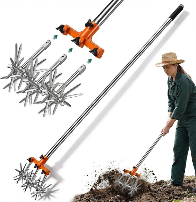 Cultivateur Rotatif, Cultivateur Jardin avec Manche Rétractable de 173 cm Motoculteur Jardin avec Dents Amovibles Cultivateur Jardin en Acier Inoxydable Cultivateur Rotatif Motoculteur Rotatif