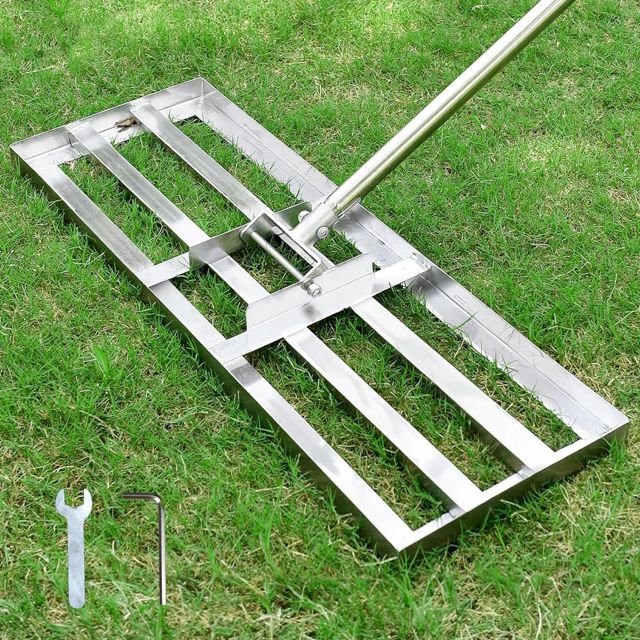 Râteau de nivellement de pelouse, 2,15 m, 72 x 25 cm, Outil de nivellement Robuste pour économie d'efforts, poignée en Acier Inoxydable pour Cour, Jardin, Terrain de Golf, Surface de