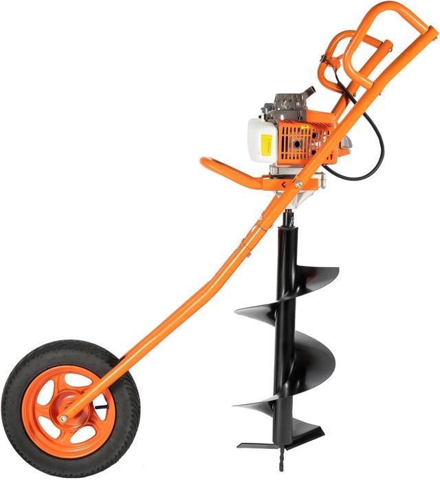 Tarière à Essence 2 Temps, Tarière Thermique à Roues de 63 CC 2,2 KW, Tarière à Essence pour Pieux, Tarière de Jardin avec Accessoires de Forage Ø 300 mm, Tarière à Terre avec Brouette