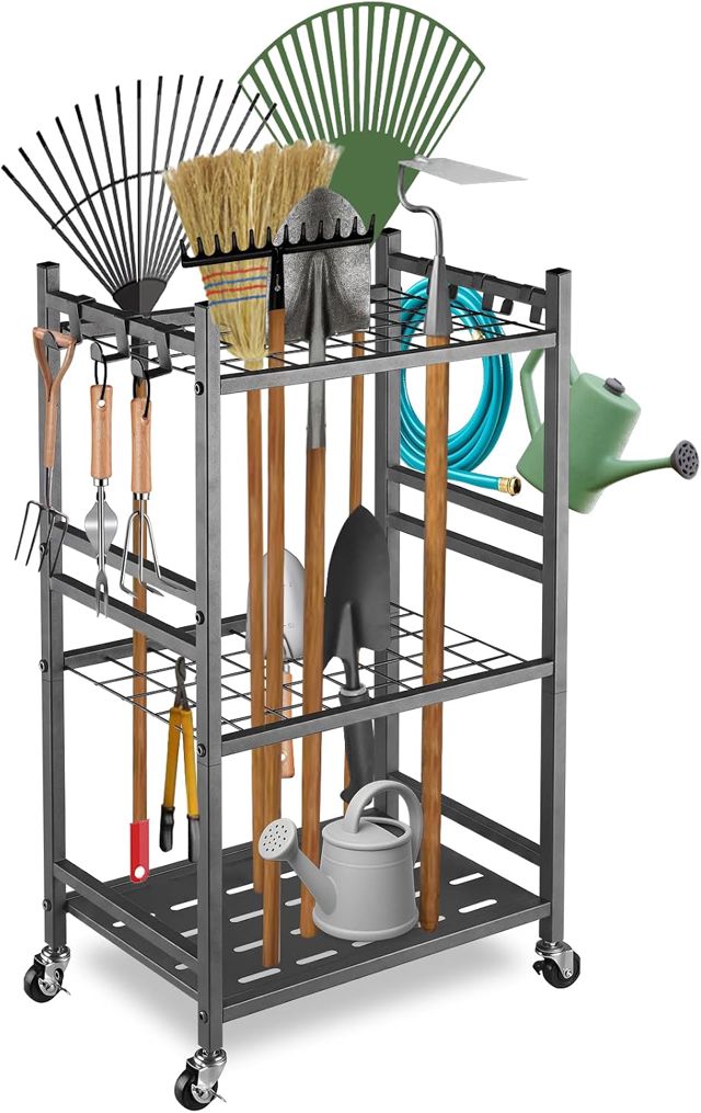 Organisateur d'outils de Jardin 40 Emplacements et 6 Crochets, Support Rangement Outils pour Jardin en Carbone, 42*30*80cm, Étagère de Rangement pour Garage Pelouse Abri Balai Pelle Râteau