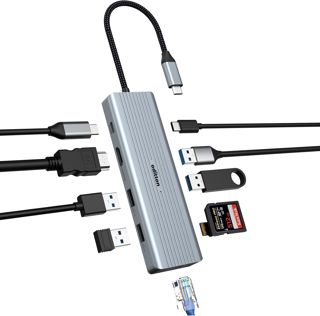 Hub USB C, oditton 10 en 1 Adaptateur USB C avec HDMI 4K, 2* USB-A 3.0, 2* USB-A 2.0, 5Gbps USB-C Port de Données, 100W PD, Ethernet, Parte SD/TF Station d'accueil pour MacBook, iMac, et Plus.