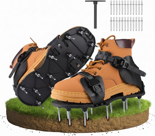 Sandales Aérateur de Pelouse, Chaussures à Clous pour Gazon avec 26 Pointes en Acier Inoxydable, Semelles Aérantes Réglables pour Aération du Sol, Jardin, Terrain (Noir)