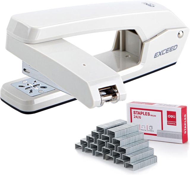 Deli/EZWORK Agrafeuse pivotante à bras oscillant, capacité de 25 feuilles, rotation à 360 degrés, avec 1000 agrafes pour reliure de livrets ou de livres, blanc