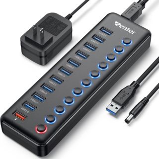 Wenter Hub USB 3.0 alimenté par Wenter 11 ports USB (10 ports de transfert de données plus rapides + 1 port de charge intelligent) avec interrupteurs marche/arrêt LED individuels, hub USB 3.0 alimenté