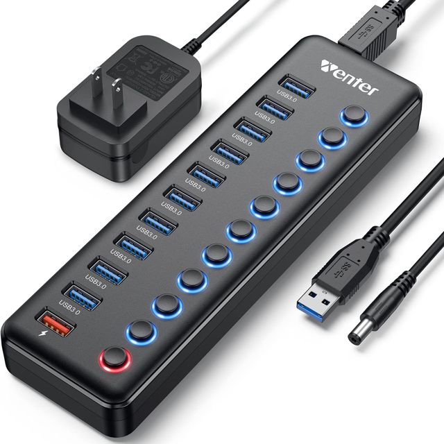 Wenter Hub USB 3.0 alimenté par Wenter 11 ports USB (10 ports de transfert de données plus rapides + 1 port de charge intelligent) avec interrupteurs marche/arrêt LED individuels, hub USB 3.0 alimenté