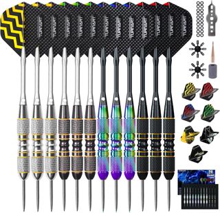 Turnart Fléchettes 12 PCS Flechettes Pointes Acier Professionnelles pour Cible 22/24 G Flechette Pointe Acier Contient 21 PCS Ailettes Et Autres Accessoires pour Flèches De Fléchette