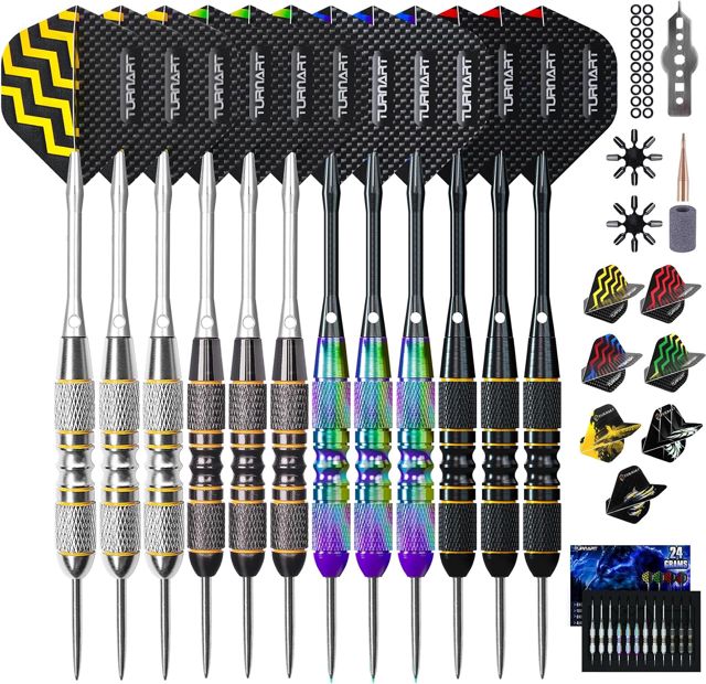 Turnart Fléchettes 12 PCS Flechettes Pointes Acier Professionnelles pour Cible 22/24 G Flechette Pointe Acier Contient 21 PCS Ailettes Et Autres Accessoires pour Flèches De Fléchette