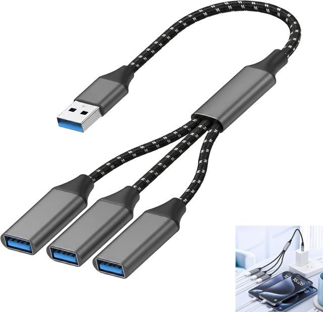 Câble Triple USB Splitter, Répartiteur USB 1 vers 3, Hub USB 2.0 Répartiteur USB A Mâle vers 3 Femelles, Extension Port USB pour PC Portable Bureau Voiture, Transfert Données 480Mbps et Charge Lente