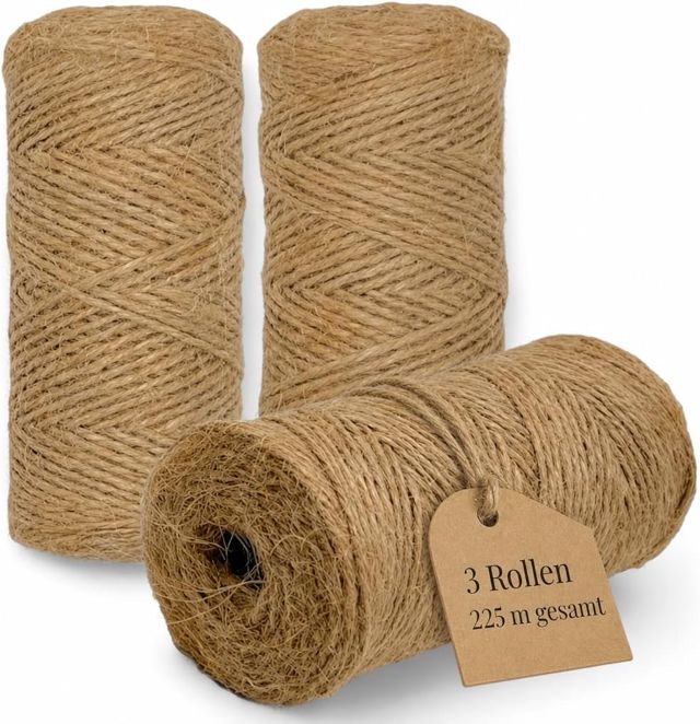 MIJOMA Lot de 3 rouleaux de ficelle de jute - En fibre naturelle - 3 x 75 m - Longueur : 2 mm d'épaisseur - Biodégradable - Pour le jardin, le bricolage, l'emballage cadeau