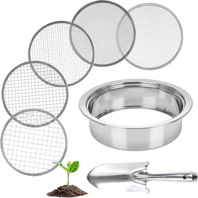 5-en-1 Tamis de Jardinage en Acier Inoxydable,Tamis à Sable avec Mailles Ø 1, 3, 6, 9 et 12 mm,Inclut 1 Pelle à Main pour Terre, Pierres, Compost, Mauvaises Herbes, Sable, Gravier et Graines