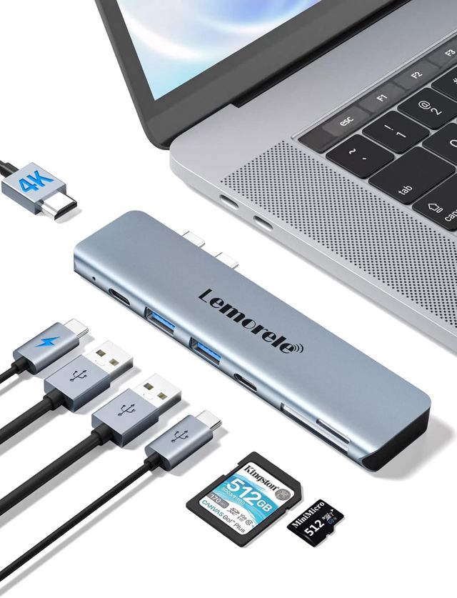 Lemorele Hub USB-C 8-en-1, HDMI 4K, 3 USB-A, données USB-C et SD/TF