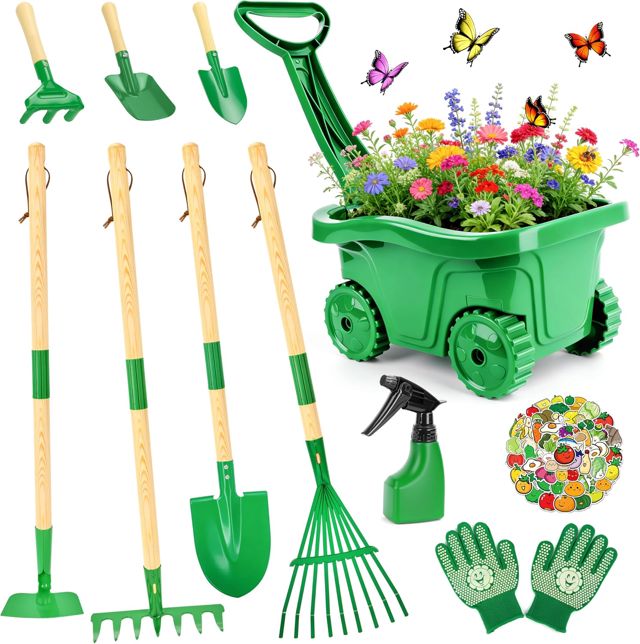 IEEILULU Brouette Enfant, Outils Jardinage Enfant avec Pelle Bêche Râteau Gants Tablier Arrosoir, Set Jardinage pour Garçons et Filles 3 4 5 6+ Ans, Jouet Jeux Exterieur Enfants (Vert)