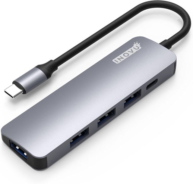 INOVU INHUB4CPD - Hub USB 3.0 4 Ports & 1 Port USB-C Recharge 100W - Câble : 18cm - Compatibilité avec PC, MacBook