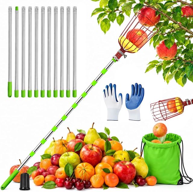 NAVESO 4.4M Cueille Fruit Telescopique, Cueilleur de Fruits Amovible, Ramasse Fruit Télescopique, Perche Cueille Fruits Telescopique, Cueille Cerise, Cueille Pomme, Cueille Fruit, Ramasse Pomme