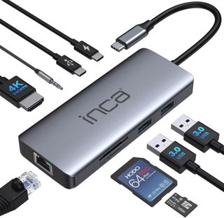 Inca Hub USB C 9 en 1 ITPC-10TX, 2 Ports USB 3.0 + Lecteur de Carte SD/TF + LAN 1000 Mbit/s + données + Audio 3,5 mm + HDMI 4K @ 60Hz + PD100W, Station d'accueil USB C pour MacBook, Dell, Chromebook